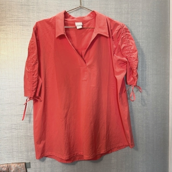 Chico's  Pink Coral Henley Short Sleeve Fun Tie Sleeves Size 2 / Large 12/14 - Picture 2 of 10